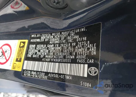 2016 Toyota Camry Le из США, поврежденный, VIN 4T4BF1FK6GR550555